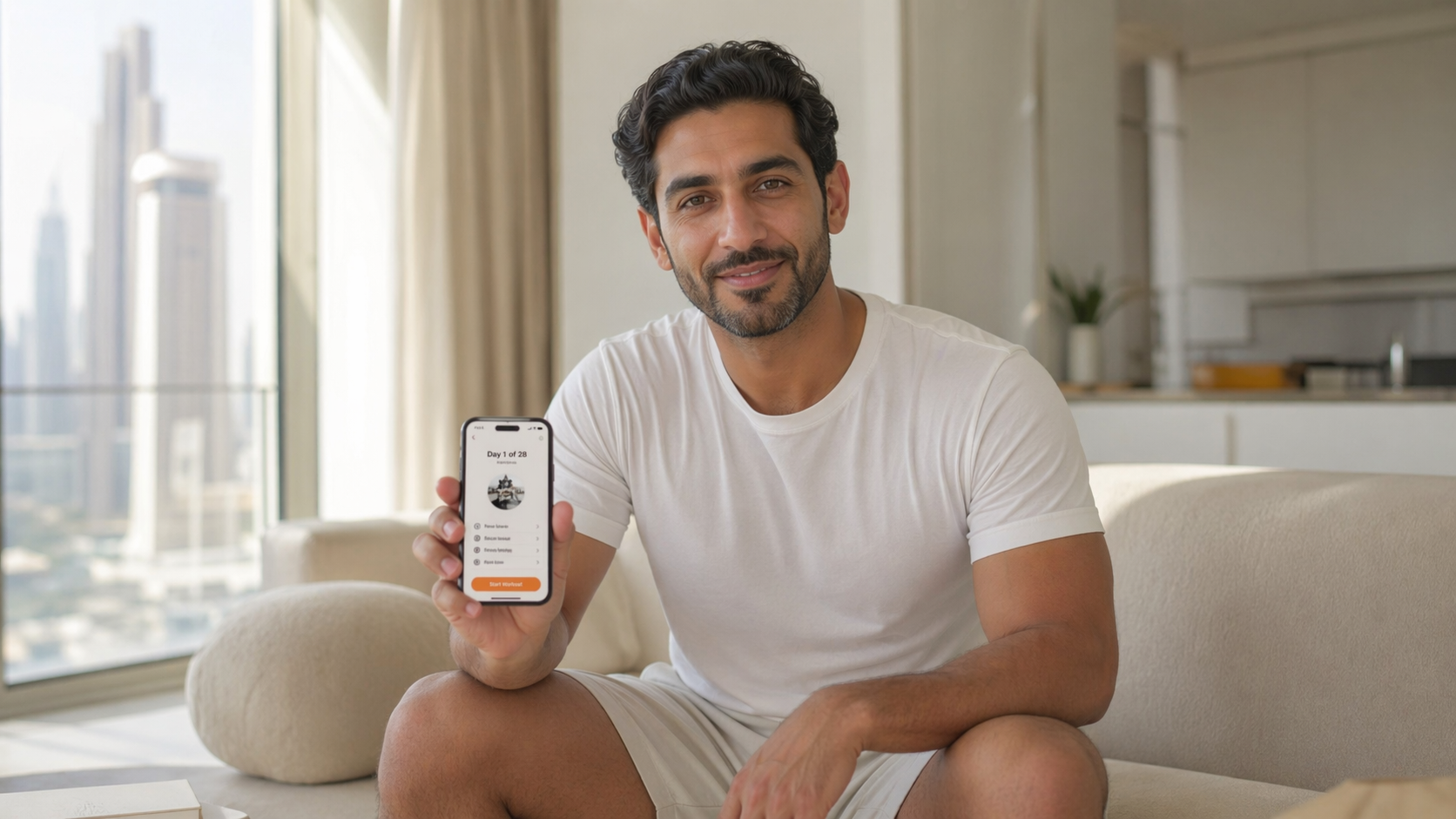 Gulf fitness beginner using BeastMode app in Dubai apartment